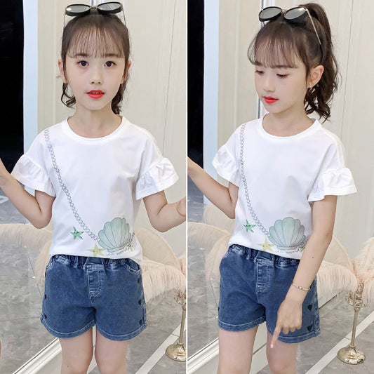 Children's clothing girls summer T-shirt 2024 new children's white short-sleeved tops for middle and large children girls round neck T-shirt