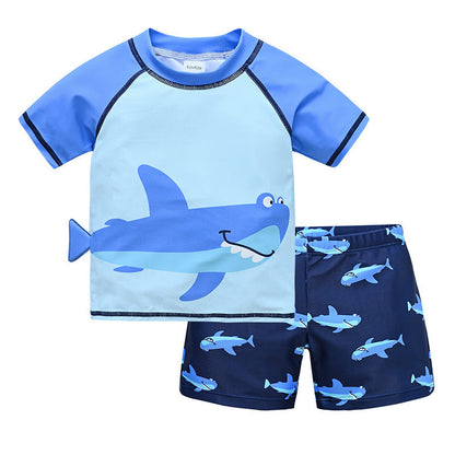 Children's swimsuit 1-8 years old big child split short-sleeved swimsuit boy swimming cap cartoon beach baby swimsuit swimming trunks 