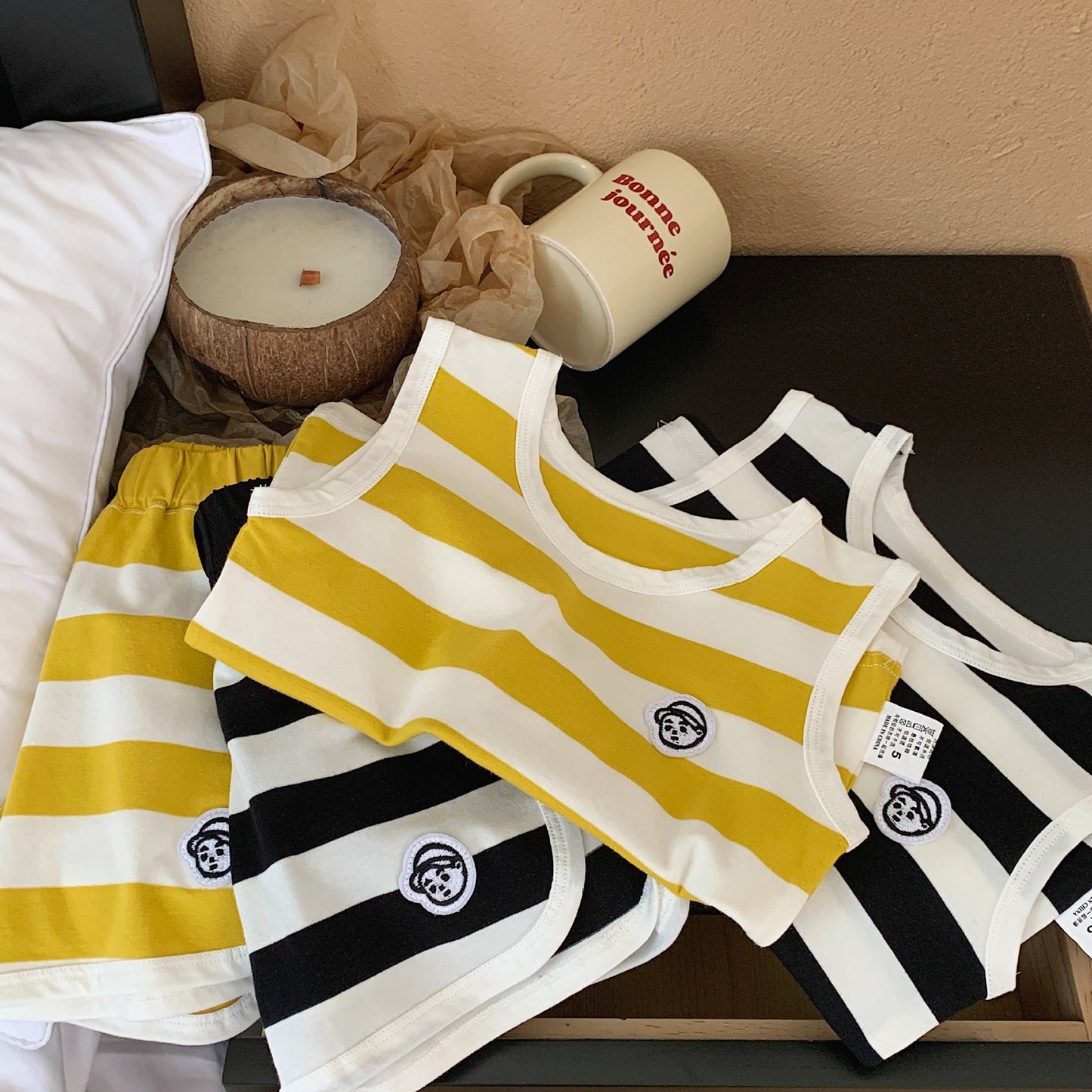 Children's suit 2023 Bangcheng summer style boys and girls Korean version striped label casual vest two-piece suit trendy F0233