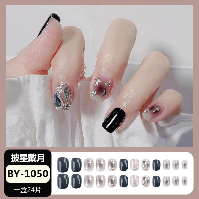 Wearable nail art finished product wholesale Douyin hot short black aurora crushed diamond nail stickers false nails nail pieces 