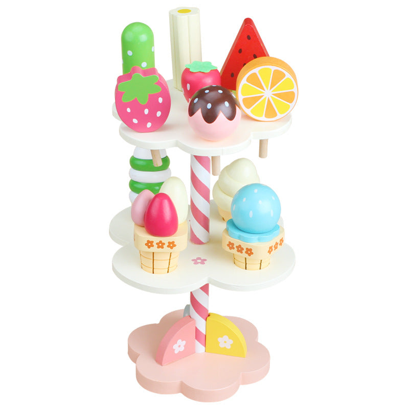 Children's wooden simulation play house three-layer ice cream dessert table educational kitchen interactive baby party toy