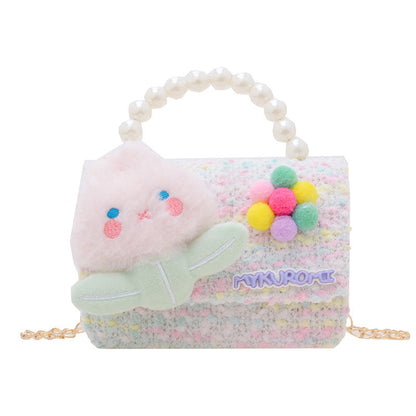 Cartoon cute children's small square bag fashionable pearl handbag versatile girl stylish chain shoulder crossbody backpack