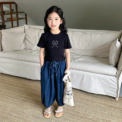 2024 Spring and Summer New Korean Version Small and Medium-sized Children Girls Bowknot Hot Diamond Short-sleeved T-shirt Short Style Ins Sweet Girl Top Trend