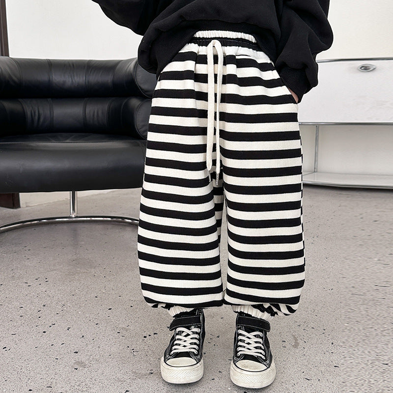 Amo Baby Children's 2023 Autumn and Winter Warm Sweatpants for Boys and Girls Baby Composite Aoliang Fleece Striped Drawstring Pants Trendy