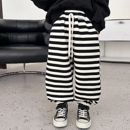 Amo Baby Children's 2023 Autumn and Winter Warm Sweatpants for Boys and Girls Baby Composite Aoliang Fleece Striped Drawstring Pants Trendy