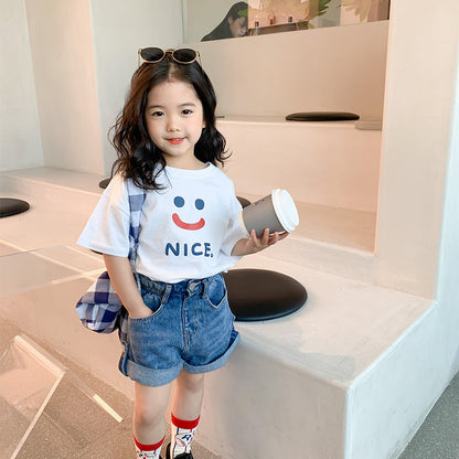 Korean children's clothing 2024 summer children's short-sleeved bottoming shirts for boys and girls with smiley face prints loose T-shirts and stylish tops