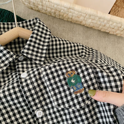 Children's shirt 2024 Bangcheng Spring Boys and Girls Korean Plaid Pocket Bear Solid Color Loose Shirt F0055 