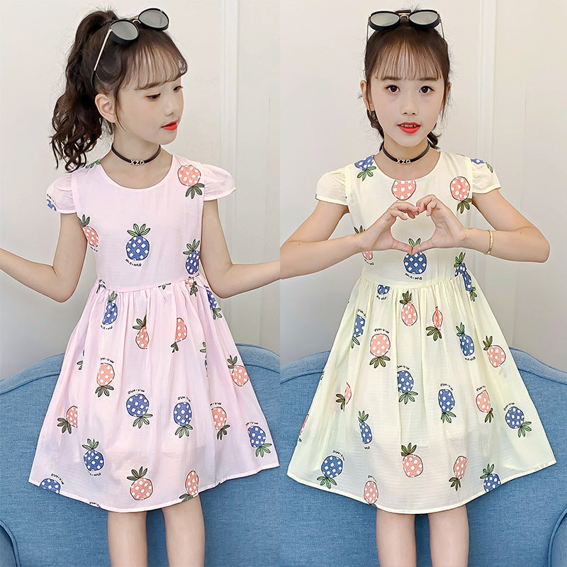 Girls dress 2024 summer new children's stylish printed cotton skirt little girl short-sleeved cartoon vest skirt 