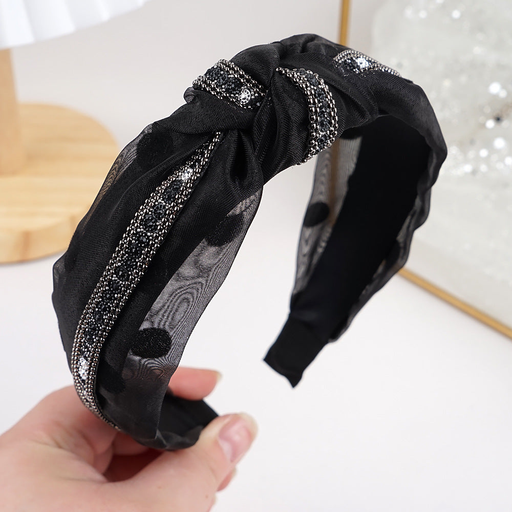 Amazon new style headband for women European and American ethnic style knotted head buckle permed rhinestone mesh gauze fabric headband hair cave women