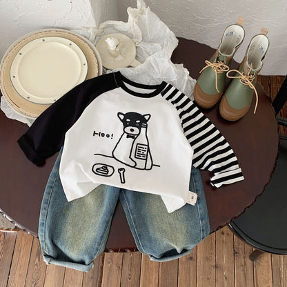 Children's T-shirt Bangcheng 2024 Spring Children's Clothing Pullover Simple Drawing Long T Boys Raglan Sleeve Top Trend G0041