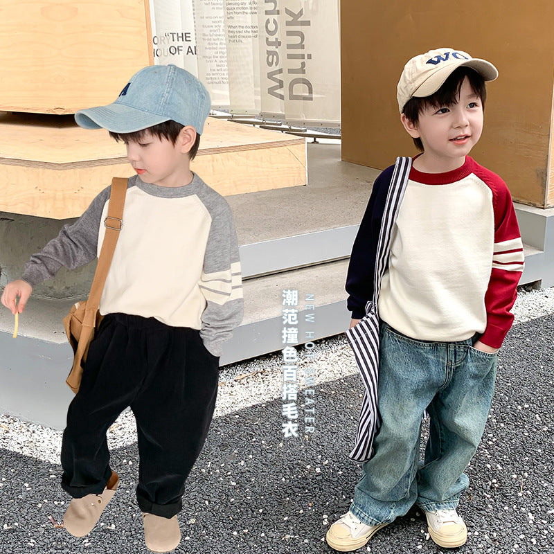 Amo Beibei children's 2023 autumn style stylish contrast color sweater trendy boys and girls baby splicing striped sleeve sweater