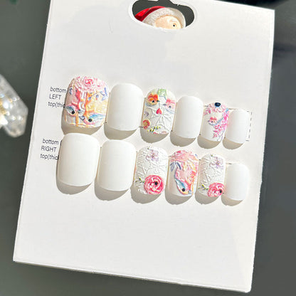 Wearable nail art finished nail pieces adult short bridal style embossed nude 2023 new nail stickers