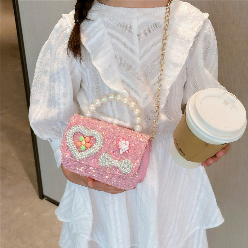 New style children's bag fashion pearl handbag cartoon cute small square bag trendy chain crossbody bag girls shoulder bag