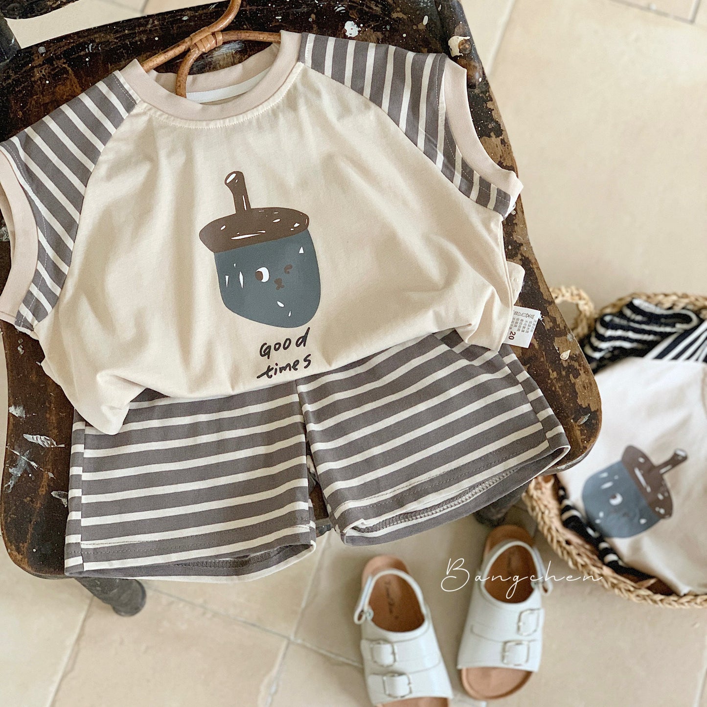 Children's suit Bangcheng 2024 summer boys new striped splicing vest + shorts children's clothing two-piece suit G0120