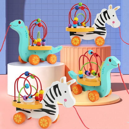 Early childhood education children's wooden kindergarten enlightenment pull rope animal music model drag car around beads matching educational toys