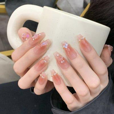 Handmade wearable nails wholesale short ballet nails pure desire ice transparent nude nail art finished nail stickers fake nails