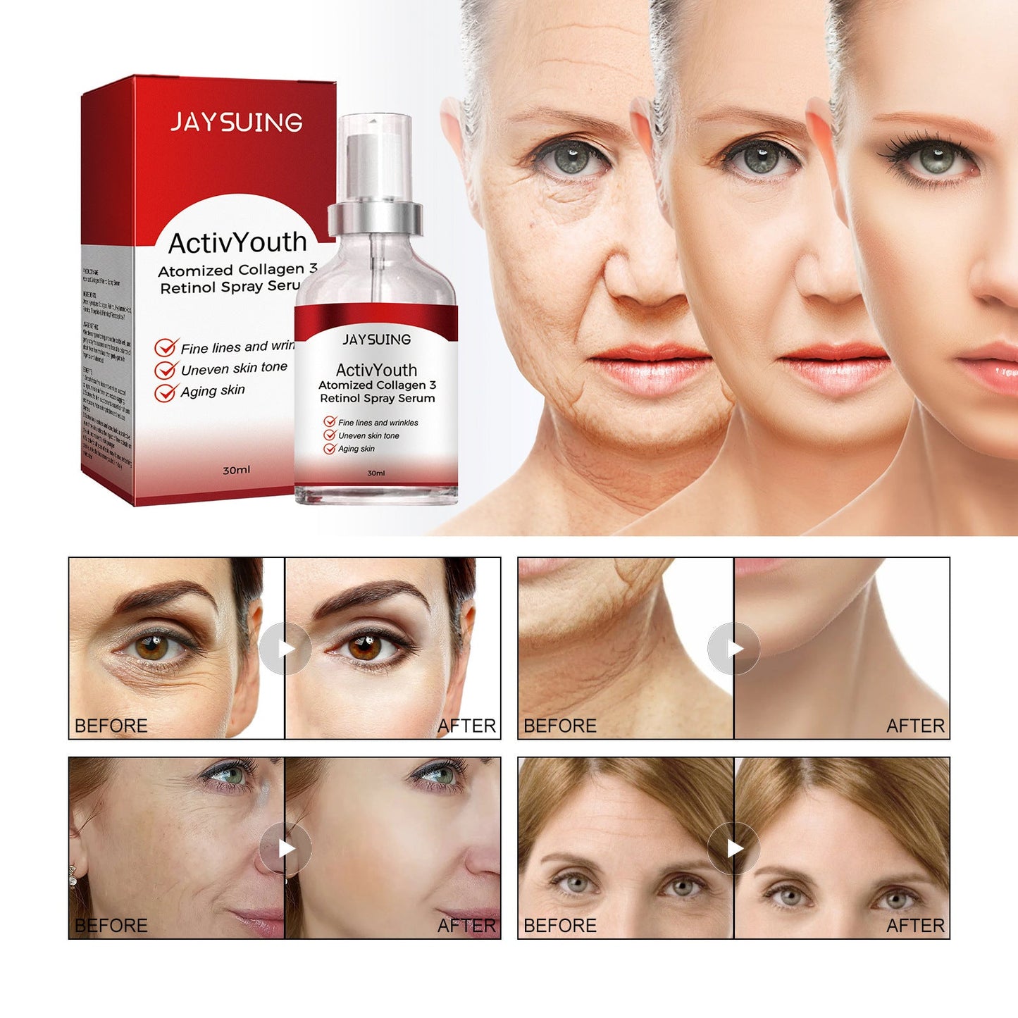 Jaysuing Collagen Retinol Essence Spray ប្រឆាំងភាពចាស់ កាត់បន្ថយស្នាមជ្រួញ ផ្តល់សំណើម និងបន្តឹងស្បែក 