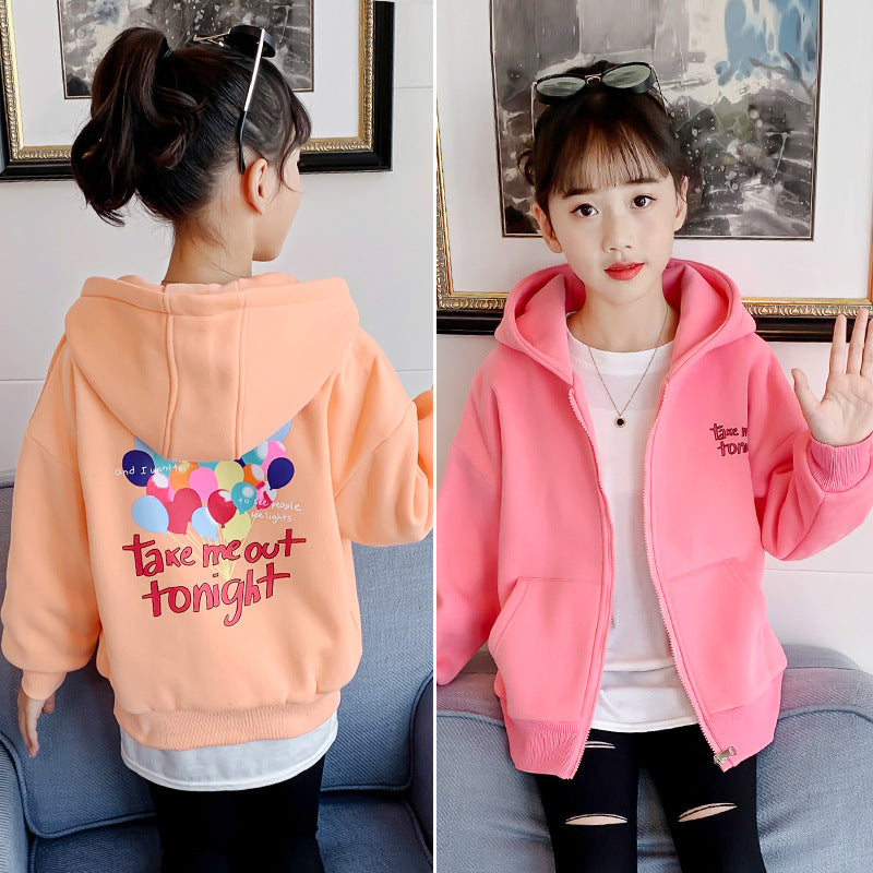 Girls 2024 winter spring and autumn new style big sweater cardigan hooded plus velvet thick warm primary school students kindergarten coat