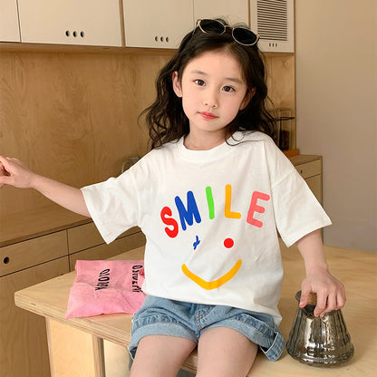 Korean children's clothing 2024 spring and summer new children's short-sleeved boys and girls pure cotton cartoon smiley face T-shirts stylish bottoming shirts