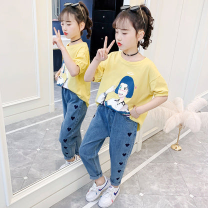 Girls short-sleeved T-shirt 2024 new style children's summer cartoon T-shirt medium and large children's loose printed top