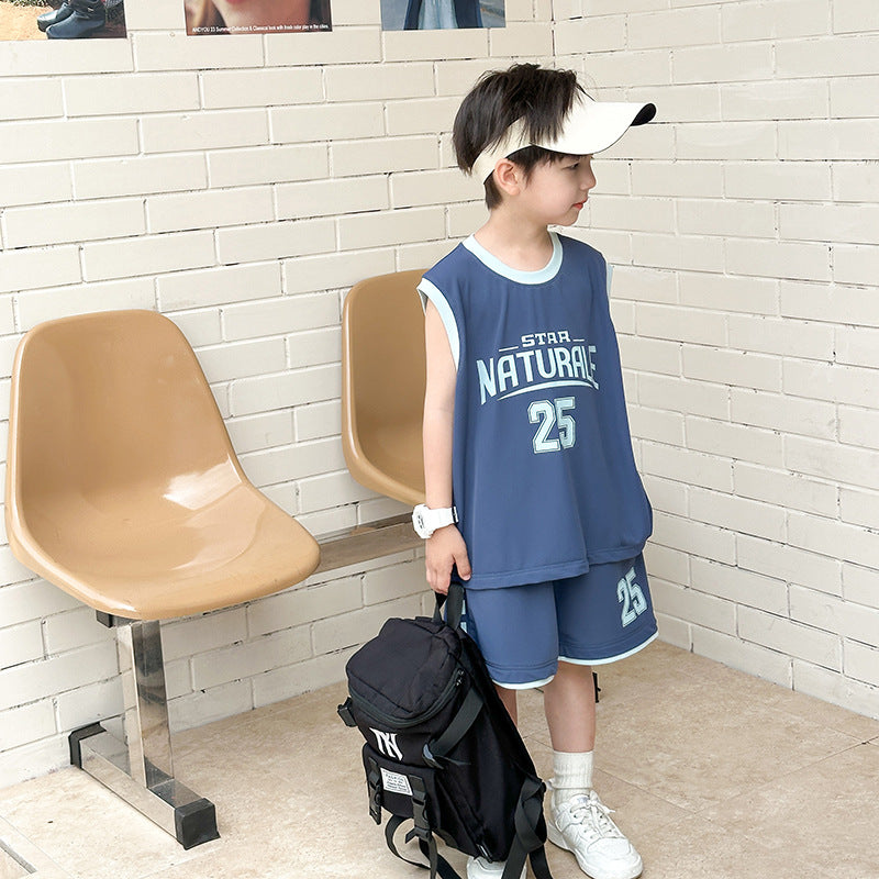 Amo Baby 2024 Summer Boys Contrast Color Letters Sports Two-piece Baby Mesh Breathable Basketball Vest Set