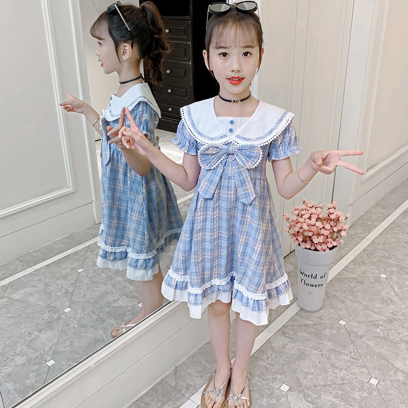 Girls short-sleeved dress summer new style college style bow dress Lolita skirt JK uniform plaid skirt