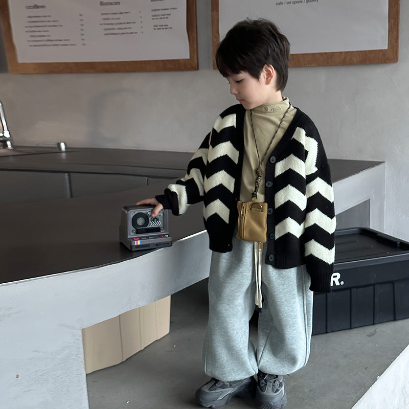 [Clearance Sale] Children's 2023 Winter Thickened Sweater Jacket Boys and Girls Black and White Striped Knitted V-Neck Cardigan