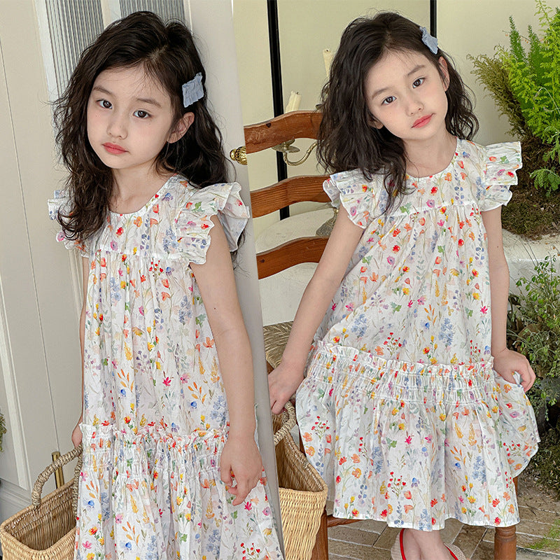 Girls summer dress pure cotton floral pure cotton long dress vest dress flying sleeves Korean style forest series beach vacation