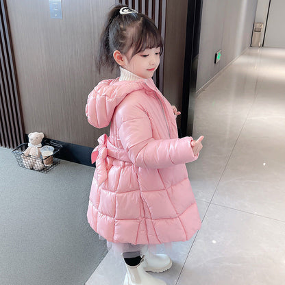 Girls winter long cotton coat elementary school students kindergarten cotton jacket skirt style Korean style bow princess dress