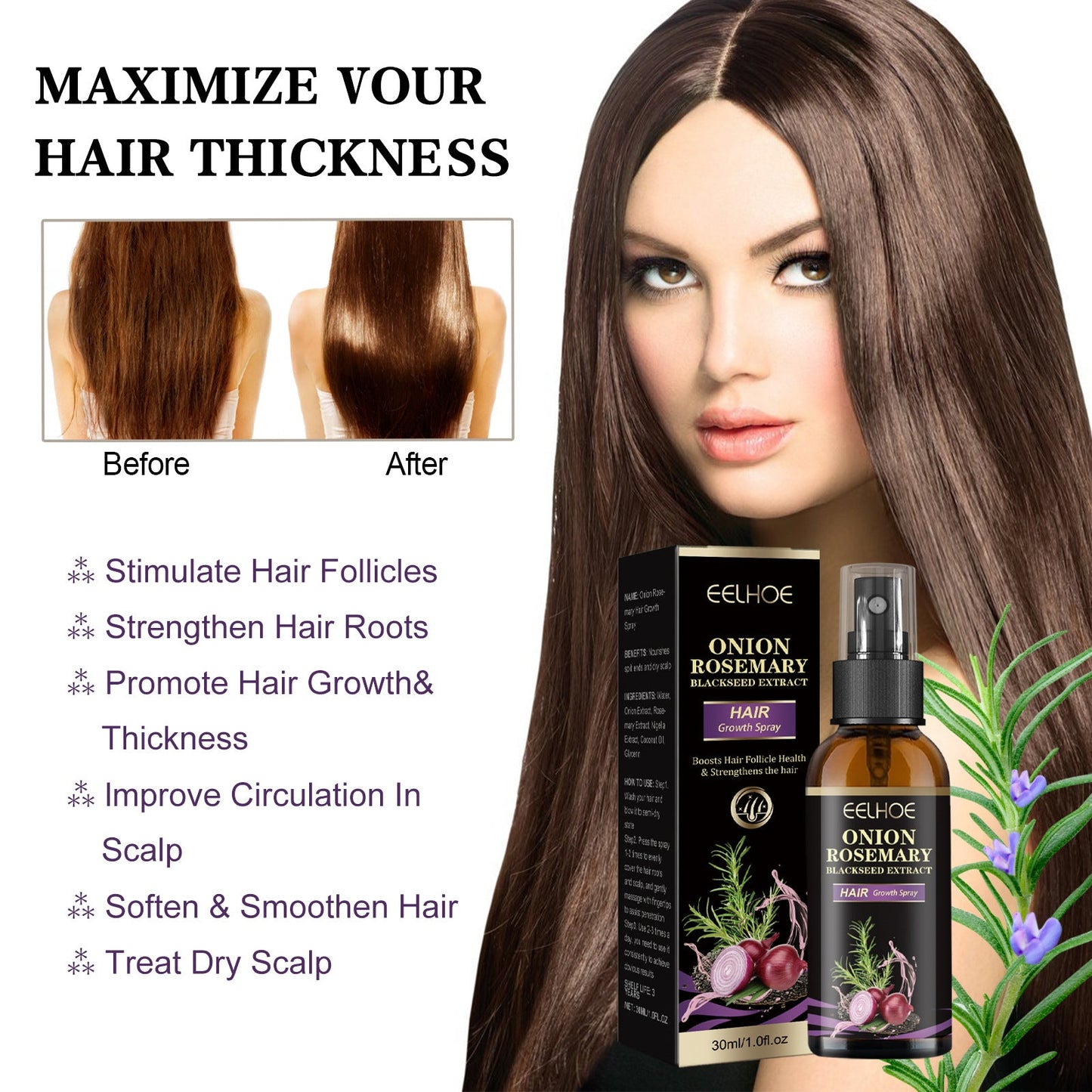 EELHOE Onion Rosemary Hair Spray ធ្វើអោយសក់ទន់រលោង ផ្តល់សំណើមយ៉ាងជ្រៅដល់ស្បែកក្បាល ស្ព្រាយព្យាបាលសក់ក្រាស់ 