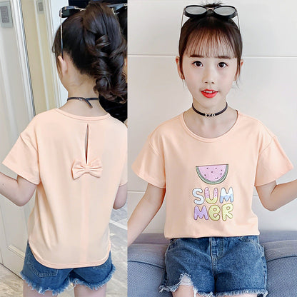 Girls summer short-sleeved T-shirt new style fashion print round neck T-shirt cute bow casual cotton top