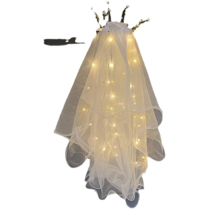 Luminous double-layer pearl veil net celebrity with light soft yarn flashing veil girl dress up tassel pearl crown headdress