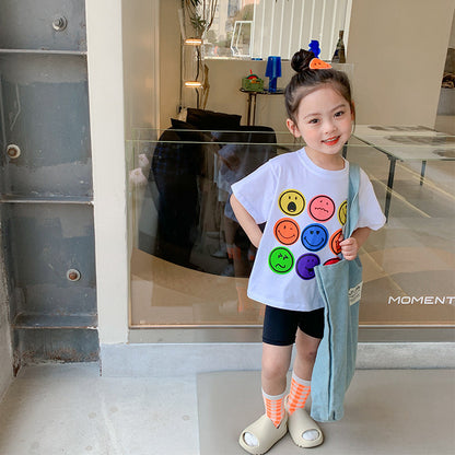 2024 Summer New Korean Version Children's Smiley Face Printed Casual Loose Short Sleeve Boys and Girls Baby Bottom T-shirt Trend