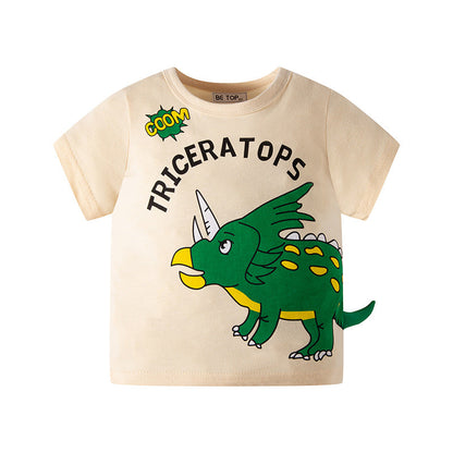 New children's short-sleeved T-shirt with cartoon dinosaur prints for boys, pure cotton tops for summer, Korean style, round neck, one piece for delivery