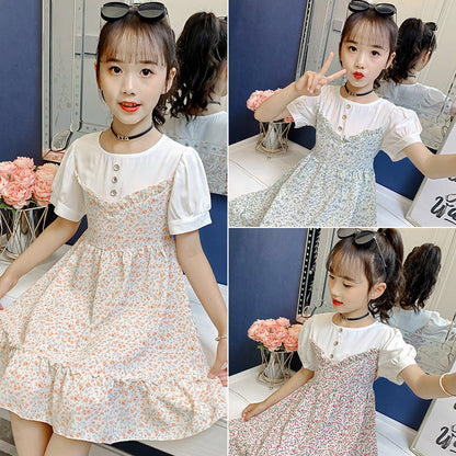 Girls dress 2024 summer new style medium and large children's floral dress pastoral style fake two-piece short-sleeved dress