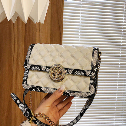 Small high-end white snake pattern stitching fashion simple chain shoulder bag women's bag diamond embroidery crossbody small square bag 