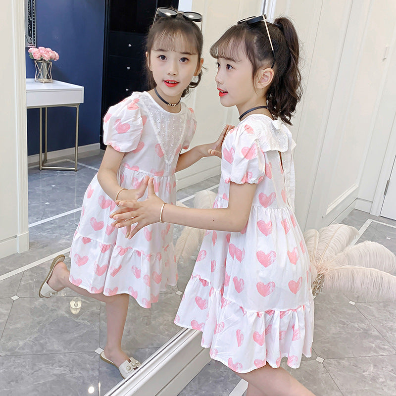 Girls dress 2024 summer new style medium and large children's short-sleeved floral dress pure cotton dress long dress sweet baby dress 