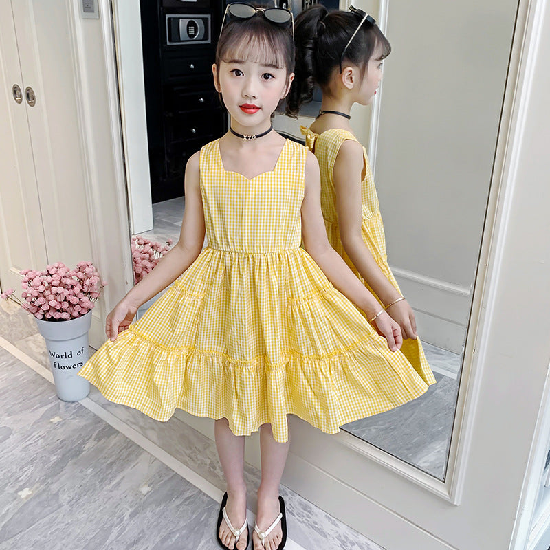 Girls summer plaid dress 2024 new Korean version petal collar plaid vest skirt Internet celebrity princess skirt trend