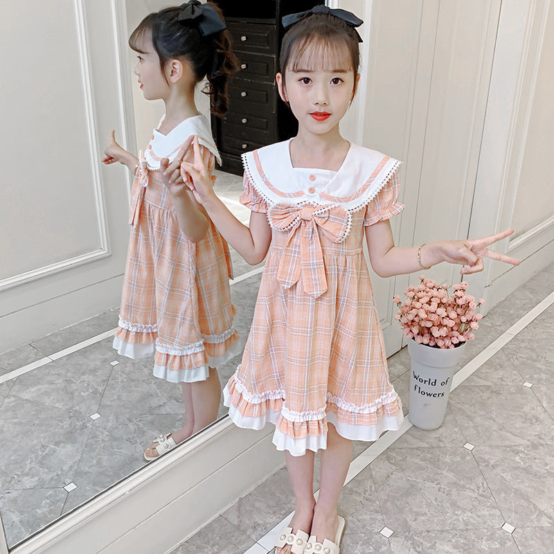 Girls short-sleeved dress summer new style college style bow dress Lolita skirt JK uniform plaid skirt