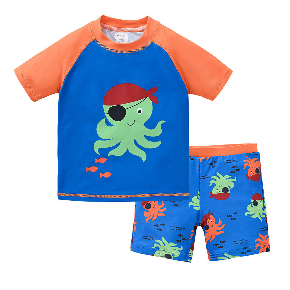 Children's swimsuit 1-8 years old big child split short-sleeved swimsuit boy swimming cap cartoon beach baby swimsuit swimming trunks 