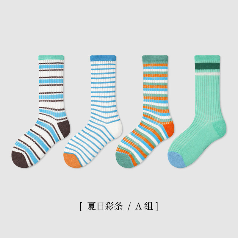 Children's socks 2024 summer boys and girls thin cartoon socks striped boneless mesh cotton socks mid-tube socks 4 pairs