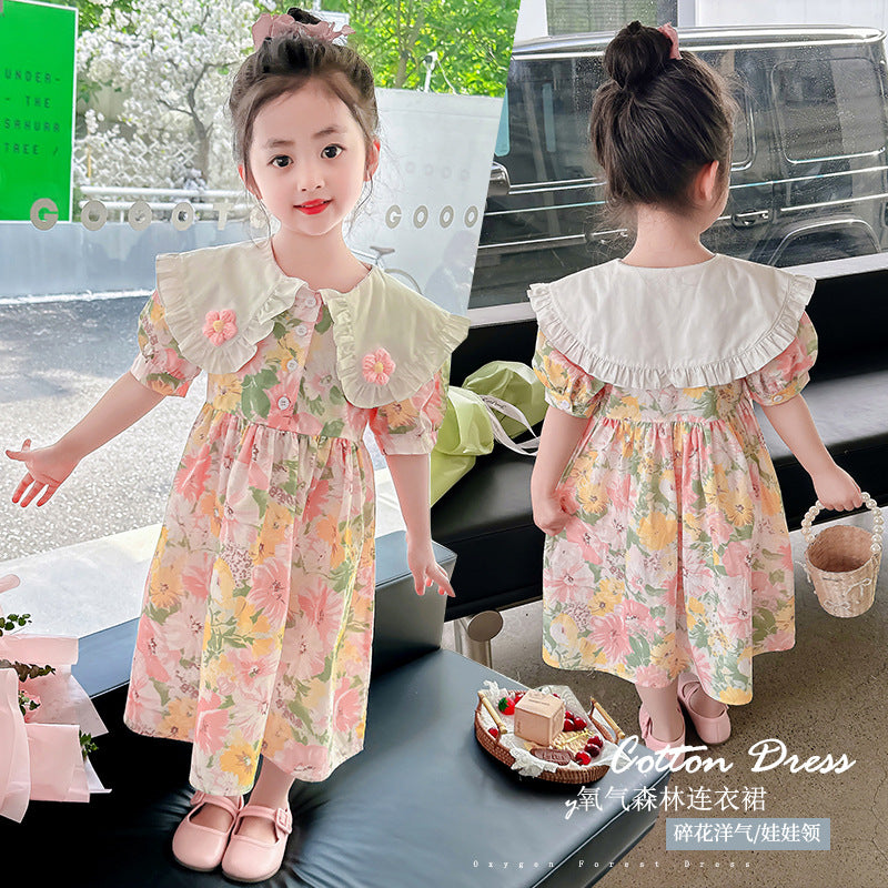 Girls summer cotton skirt pure cotton skirt small and medium children doll collar floral French forest series kindergarten oil painting style