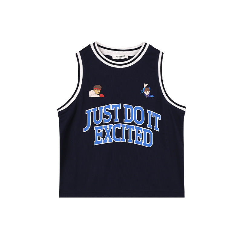 Children's tops boys 2024 summer new loose letter vest baby breathable mesh contrast color basketball uniform trend