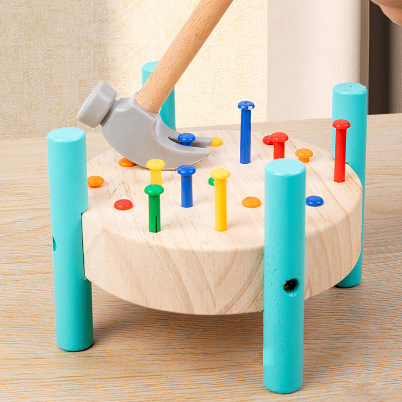 Children's wooden exercise baby hand-eye coordination hands and brain kindergarten early education round nail hammering table educational toy