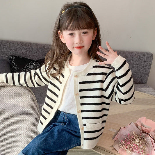 Girls Spring and Autumn Cardigan Sweater Striped Stripe Button Chanel Style Knitted Sweater Loose French Jacket