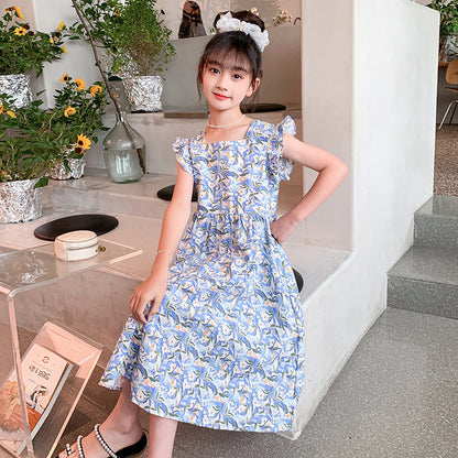 Girls' cotton dress, pastoral style, pure cotton floral flying sleeves, Korean style, small fresh princess dress, sweet wood ear edge dress