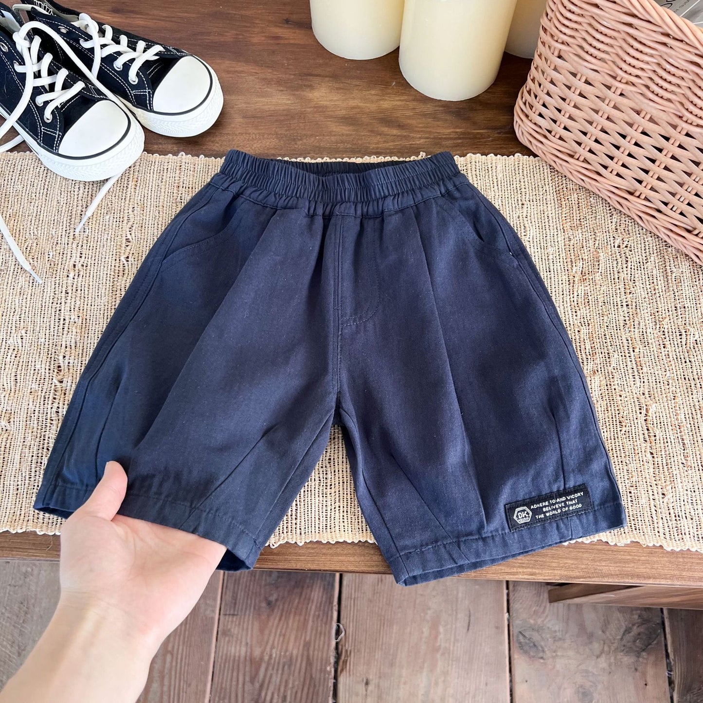 Children's clothing shorts 2024 summer new boys solid color label shorts children's casual trendy shorts versatile shorts