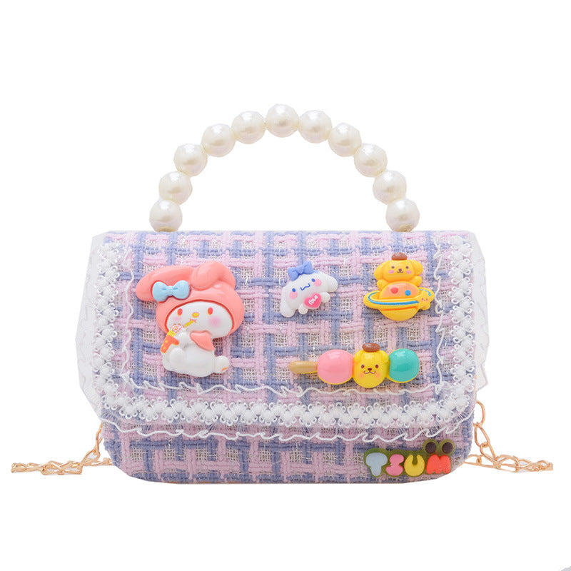 Autumn and winter stylish children's small square bag female fashion girl contrast color chain shoulder bag simple beaded handbag wholesale 