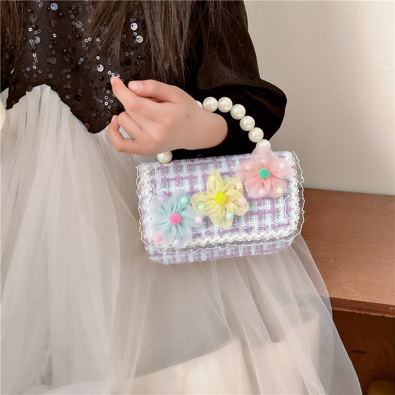 New diamond pattern children's bag fashionable pearl handbag simple chain crossbody small square bag small Chanel style shoulder bag