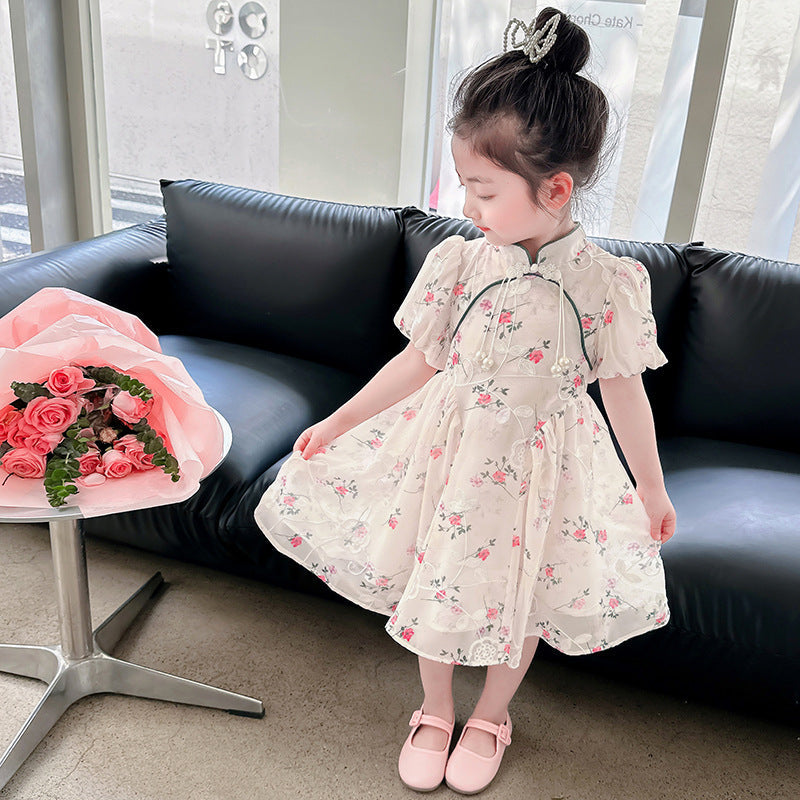 Girls summer short-sleeved cheongsam dress puff sleeve floral retro improved chiffon kindergarten ink painting Jiangnan small and medium children